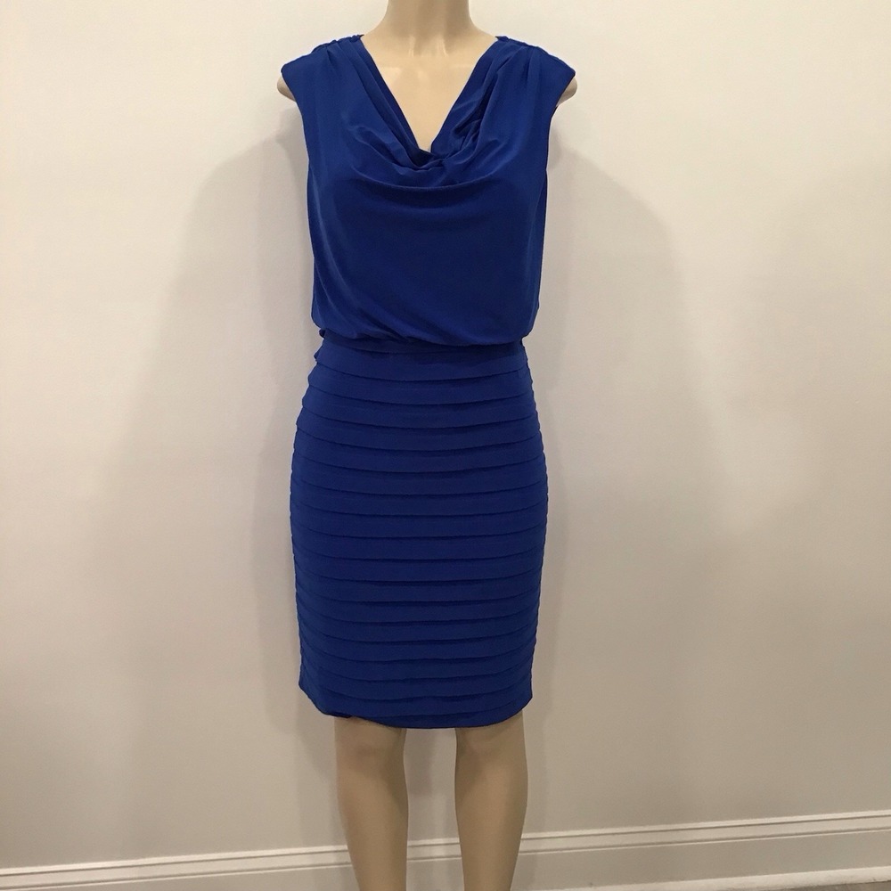 Adrianna Papell Royal Blue Cocktail Pencil Sheath Dress size 6 Draped Cowl neck